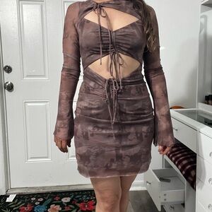 Princess Poly Cutout Tie-Front Long Sleeve Mini Dress - Brown